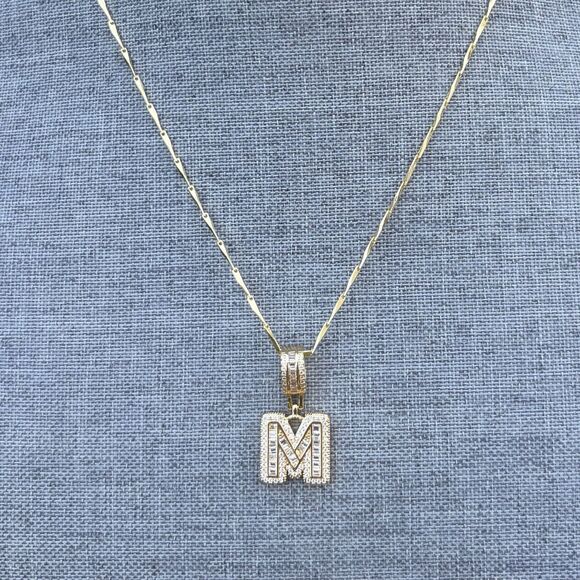 Letter "M" Iced Out Initial Pendant Gold Plated Necklace w/ CZ Rhinestones - Picture 4 of 6